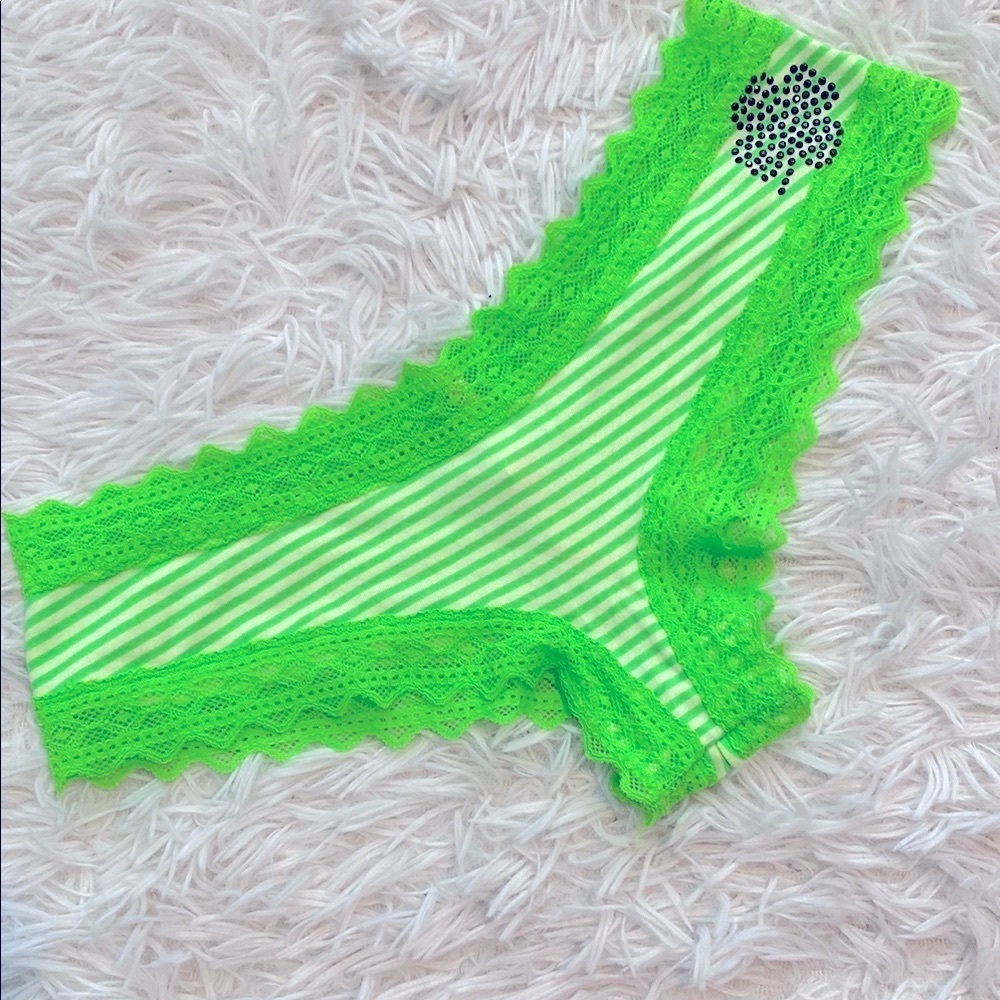 NWT PINK Victoria's Secret clover striped lime Green Lace Trim Underwear